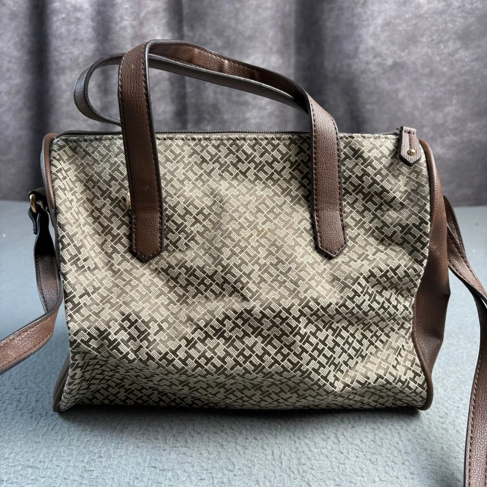 Tommy Hilfiger Monogram Jacquard Satchel Crossbody Bag Brown Tan Gold Tone